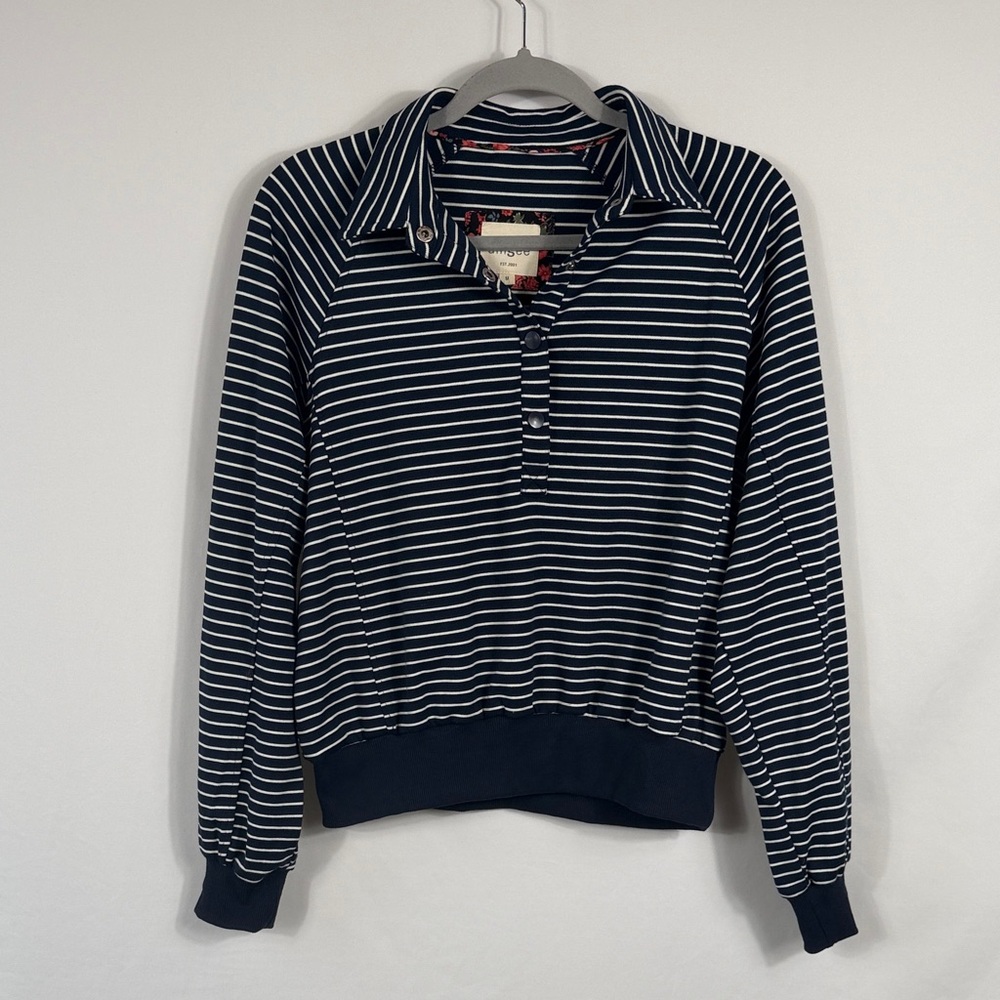 Umgee Navy and White Striped V-Neck 1/2 Snap Sweater. Womens size M. Coastal